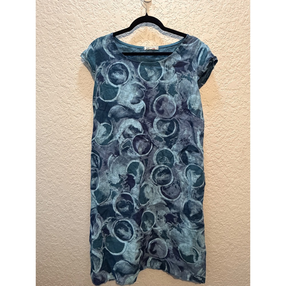 Made in Italy Linen Abstract Bubble Print Shift Dress XL Lagenlook Blue Teal